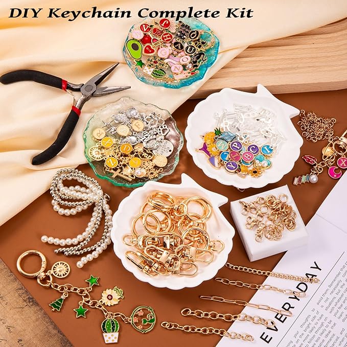 Wurosi 325Pcs Charms Lip Gloss Keychain Making Kit, Including 20 Keychain Clips 25 Extender Chain 118 Charms Jewelry Plier, Bag Charm Kit, Keychains Making Supplies for Jewelry Making,Christmas Gifts