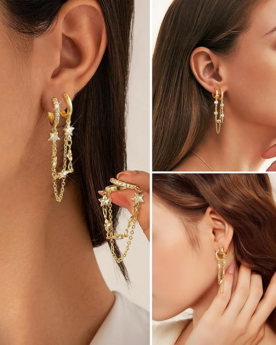 Tassel Chain Small Gold Hoop Dangle Earring For Women Huggie Earring Heart Star CZ 14K Gold Plated Fashion Jewelry Friendship Gift