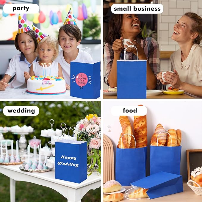 OUTUXED 120pcs Gift Bags, Blue Paper Bag with Handles 7.1x3.6x9.3in Medium Size Kraft Bags for Party, Businesses