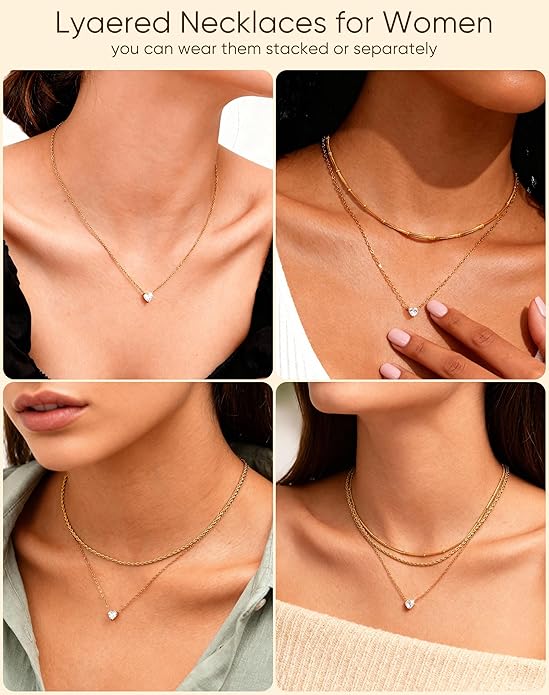 KSF Layered Gold Necklaces for Women - 18K Gold Plated 3PCS Dainty Simple Stackable Choker Necklace, Cubic Zirconia Pendant Necklace Trendy Jewelry Gift Set for Women