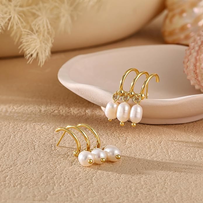 Gold Pearl Dangle Earrings for Women, 14K Gold Plated Small Pearl Drop Huggie Hoop Earrings, Hypoallergenic Dainty Gold Earrings Wedding Jewelry Gifts for Women Trendy