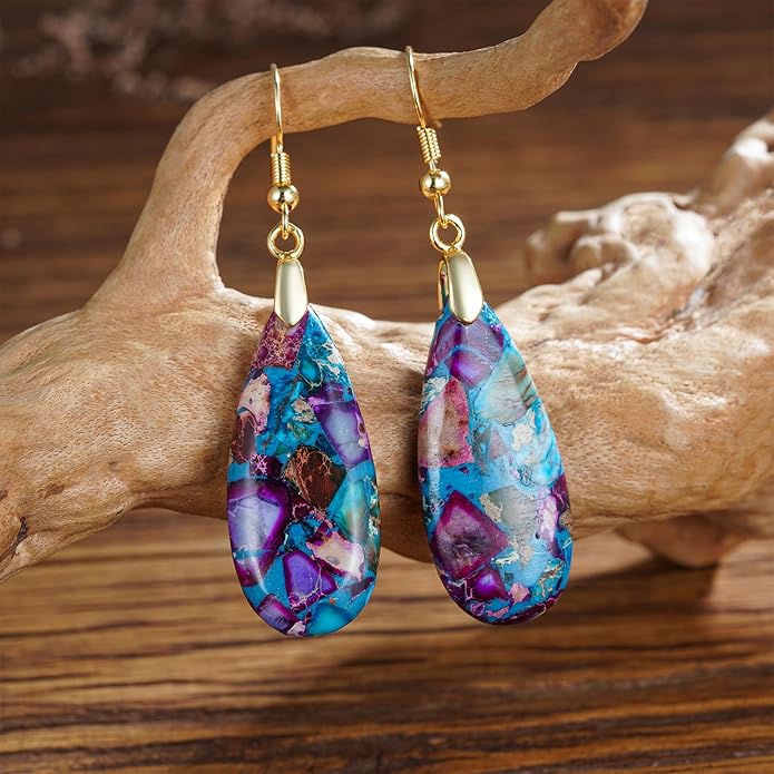 Boho Women Natural Stone Earrings Unique Healing Imperial Jasper Gemstone Energy Hypoallergenic Lightweight Dangle Drop Earrings Multiple Styles Earrings Jewelry for Birthday Party Gift