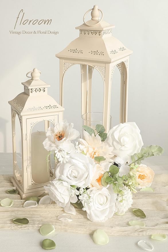 Floroom Cream White Artificial Flowers Fake Roses Dahlias Peonies Poppies and Greenery Combo Box Set for DIY Wedding Bouquets Bridal Shower Centerpieces Floral Arrangements Party Tables Decorations