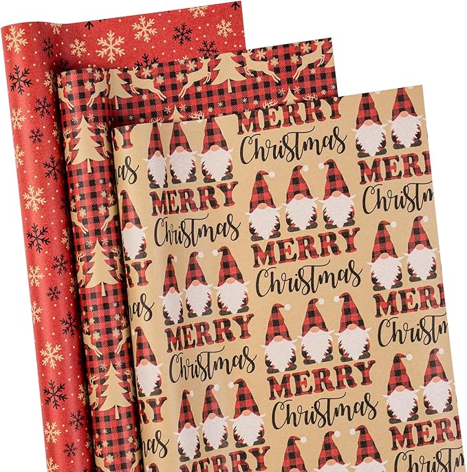RUSPEPA Christmas Wrapping Paper Rolls - 17 inches x 10 feet per Roll, Total of 3 Rolls - Santa Claus, Reindeer and Snowflake