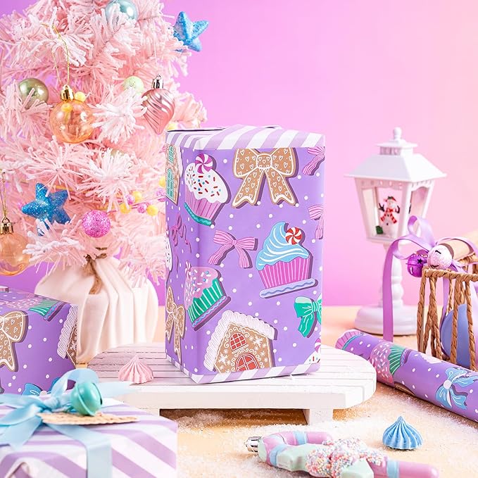 RUSPEPA Christmas Reversible Wrapping Paper Roll for Kids Girls, Mini Roll, Purple Gingerbread Cookies, Candy Canes and White Purple Stripes Ideal for Holiday Gifts, Christmas, 17 Inches x 16.4 Feet