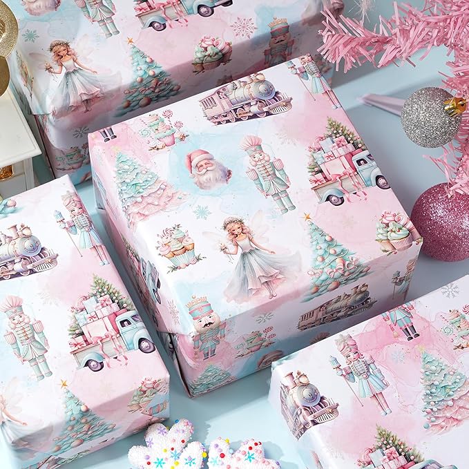 PlandRichW Nutcracker Christmas Wrapping Paper - Sweet Pastel Nutcracker Scene with Trees, Train & Angels - 40×28 Inch Xmas Gift Wrap, 4 Folded Sheets for Kids & Adults