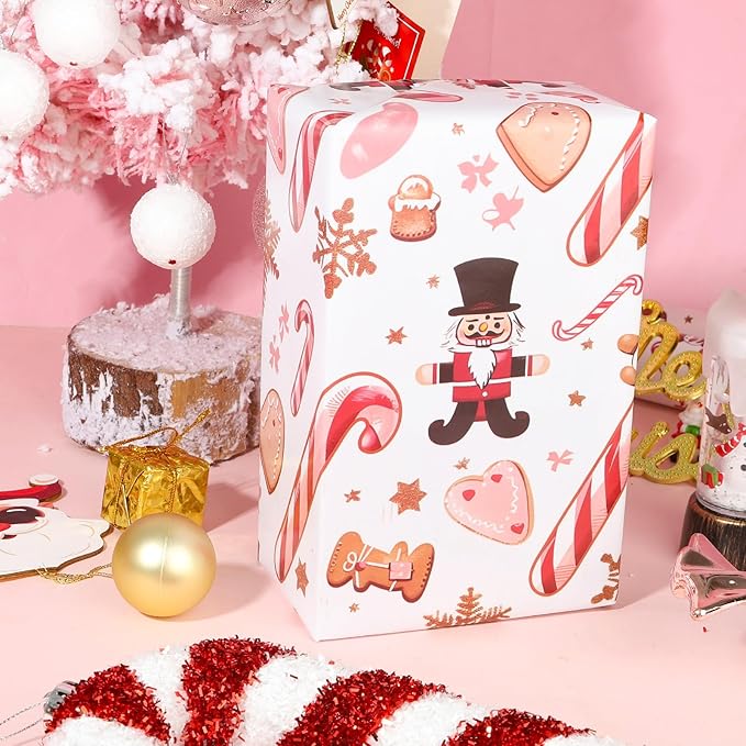 Vnaaem Pink Christmas Wrapping Paper with 4 Nutcracker Gingerbread Design for Christmas Holiday Party Celebration - 20 X 28Inches Per Sheet(8 Pack)
