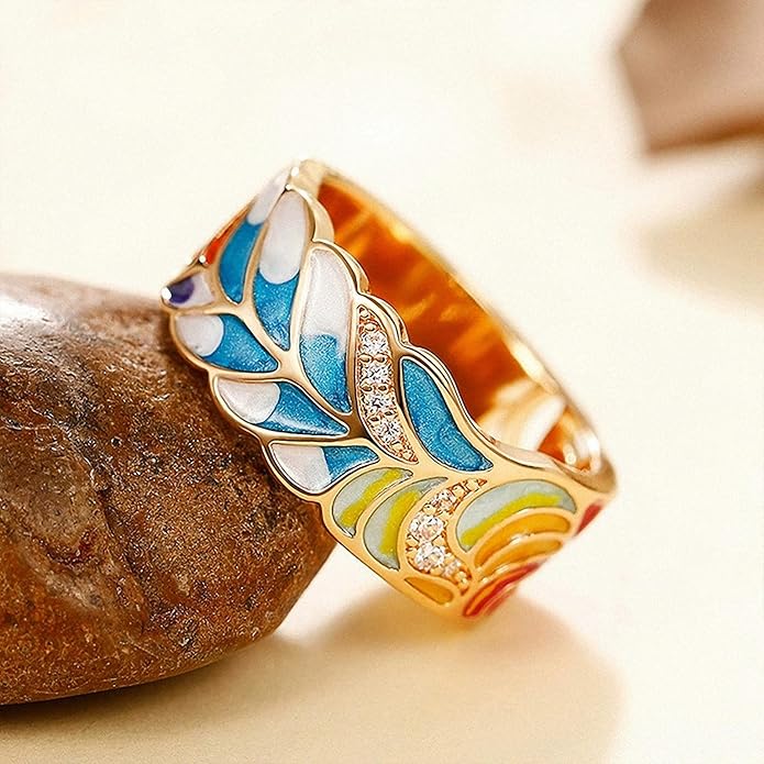 Women Tree of Life Lucky Flower Wide Band Ring Gold Pink Opal Green Enamel Resin Plated Dainty Tree Rhinestone Statement Thumb Index Full Finger Chunky Ring Party Crystal Vintage Jewelry