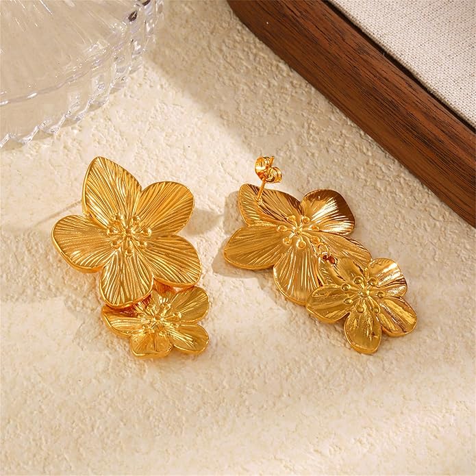 Flower Earrings for Women,Boho Statement Large Double Flower Earrings Trendy Chunky Floral Stud Earrings Elegant Chic