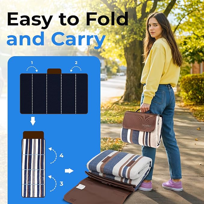 scuddles Extra Large Navy Blue Picnic Blanket Waterproof 3 Layer Polyester Foam and PEVA Mat Foldable Beach Rug with Carry Handle Easy Clean Outdoor Camping Mat for Garden Lawn Park and Travel