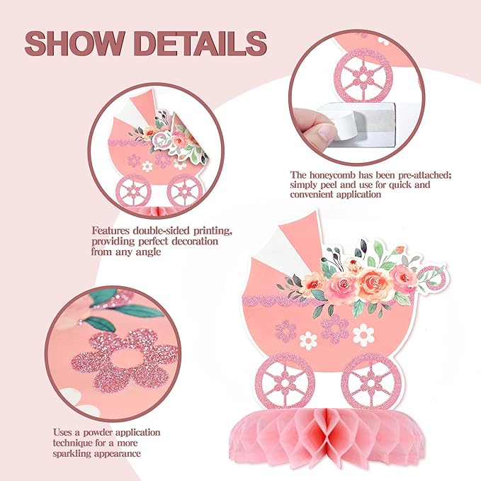 12 Pcs Baby Shower Decorations for Girl Glitter Pink Honeycomb Centerpieces for Baby Shower Table Decorations It's a Girl Centerpiece Decor Party Supplies