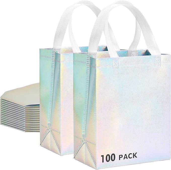 100 Pcs Iridescent Glossy Gift Bags Medium Size, 8x4x10 In Holographic Reusable Gift Bags with Handles & Sturdy Base, Ideal for Birthday, Wedding, Bachelorette, Party Favors, Holiday Goodie Bag