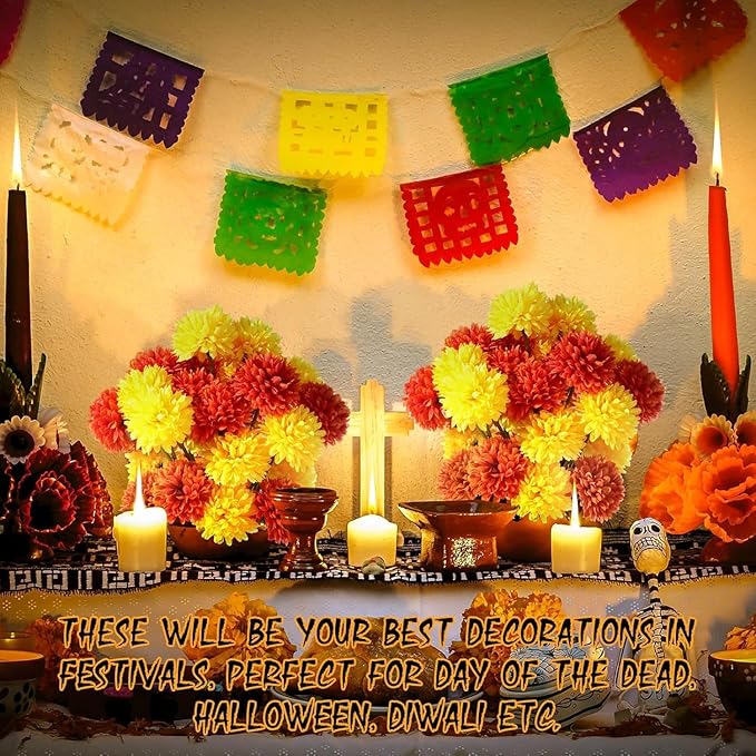 Kimura's Cabin 20Pcs Fake Silk Ball Flowers Artificial Chrysanthemum Faux Mums Bouquets Wedding Arrangements Halloween Thanksgiving Home Kitchens Table DIY Center Decoration (Orange Yellow)