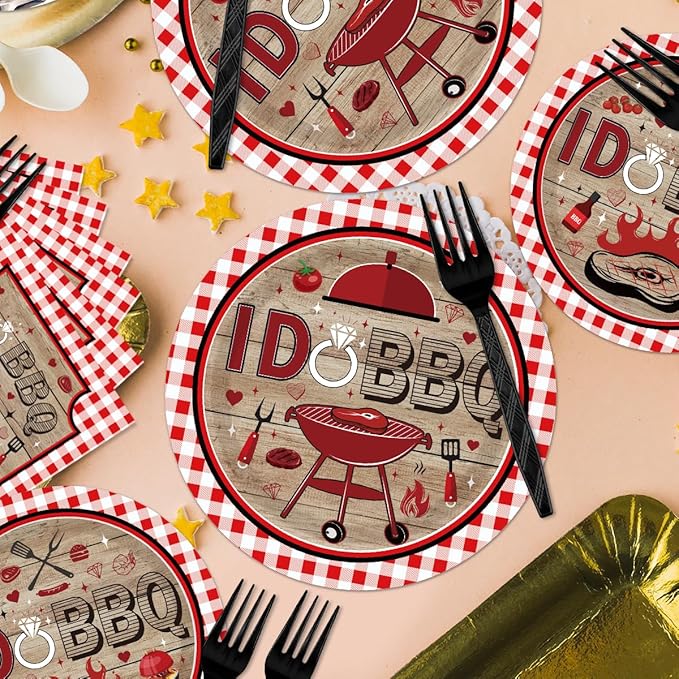 96PCS I DO BBQ Plates and Napkins Party Supplies BBQ Bridal Shower Decorations Bar B Q Wedding Engagement Barbecue Disposable Paper Tableware Set Serves 24 Guests