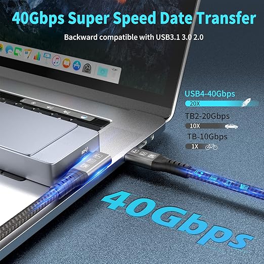 USB4 Cable, with Thunderbolt 4, 240W Charging, 40 Gbps Data Cable, 8K @ 60Hz HDR, USB C to USB C Cable, 90Degree for Hub, Dock MacBook, M2, M3, Mac SSD (90Degree USB4 40G 240W 0.5M)