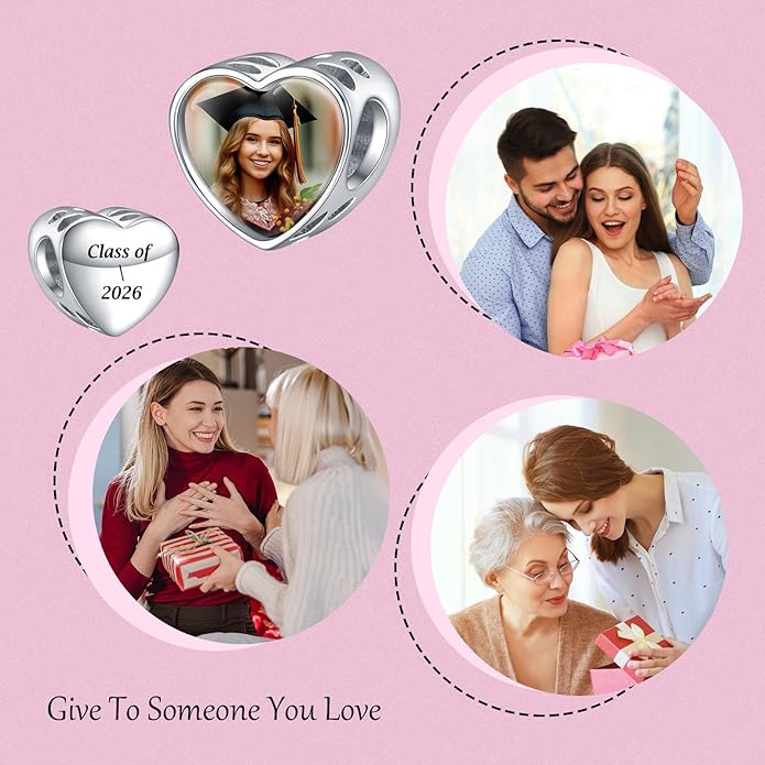 Annmors Personalized Photo Charms For Bracelets/Necklace 925 Sterling Silver Love Heart Shaped Engraved Customize Picture Gift for Birthday Mother's Day,Bead Charms Jewelry for Women