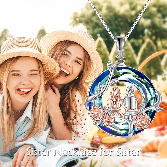 TOUPOP Sisters Gifts from Sister Necklace Sterling Silver Rose Flower with Crystal Jewelry Valentines Day Birthday Gifts for Women Best Friend Friendship