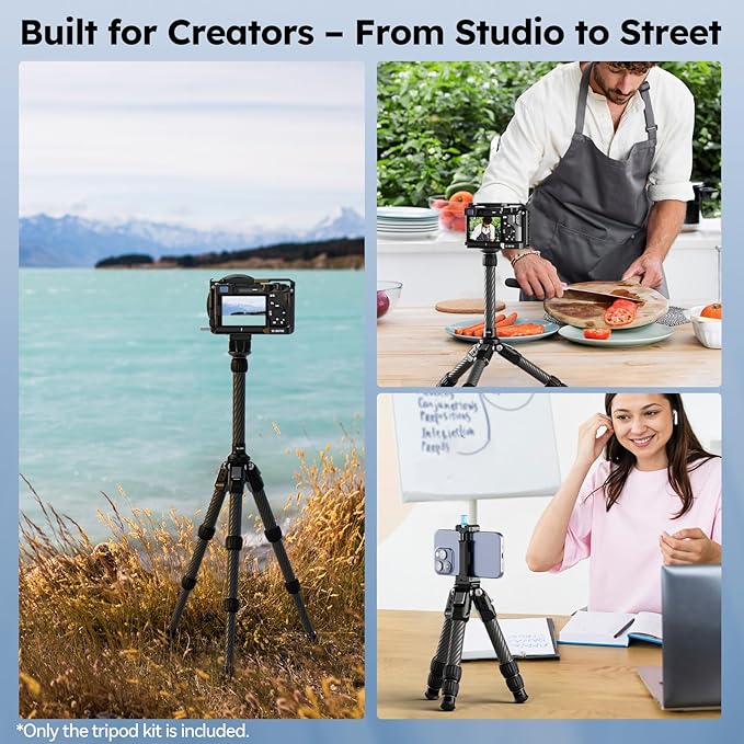 SIRUI Mini Carbon Fiber Tripod with Extendable Center Column, Max Height 26", Supports 33lbs - Ultra-Light 1.7lbs for Desk & Travel, New Anti-Corrosion Carbon Fiber(AM-223S+SL-100S)