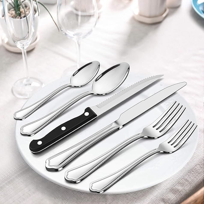 LIANYU 53-Piece Silverware Flatware Set for 8, Plus Steak Knives and Serving Utensils, Stainless Steel Flatware Cutlery Set, Eating Utensils Tableware with Scalloped Edge, Dishwasher Safe