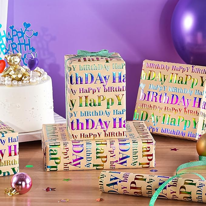 WRAPAHOLIC 3D Kraft Birthday Wrapping Paper Roll - Mini Roll - 17 Inch x 16.5 Feet - Brown and Colorful Foil Happy Birthday Wrapping Paper with Embossed for Kids Boy Girls, Baby Shower