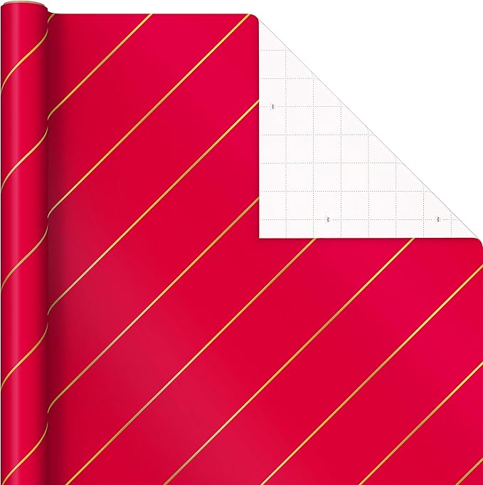 Hallmark Minimalist Christmas Wrapping Paper with Cut Lines on Reverse (3 Rolls: 120 sq. ft. ttl) Red, White, Gold Trees, Stripes, Dots