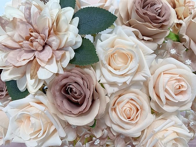 Roses Artificial Flowers Bouquets Box Set for DIY Bridal Wedding Shower Decorations Centerpieces for Table Fake Floral Arrangement for Party Home Decor Indoor Taupe Beige