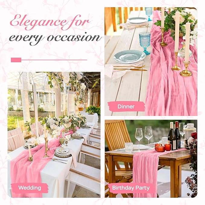 Cheesecloth Table Runner 6 Pack – 35x120 Inch (10ft) Boho Rustic Gauze Cloth Runners – Crinkle Polyester Table Decor for Wedding, Baby Shower, Bridal Shower, Birthday Party and More (Pink)