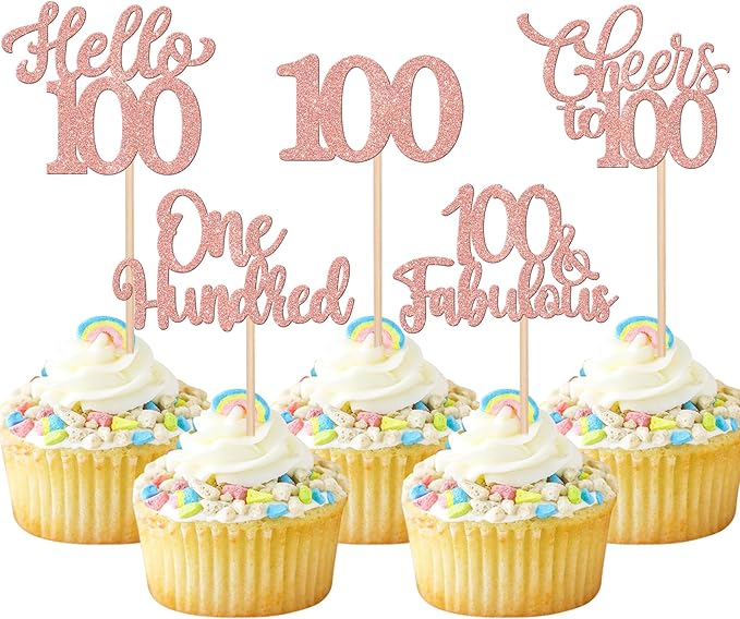 30PCS Happy 100th Birthday Cupcake Toppers One Hundred Cheers to 100 Years Birthday Cupcake Picks Hello 100 Fabulous Cake Decorations for Happy 100th Birthday Anniversary Party Supplies Rose Gold