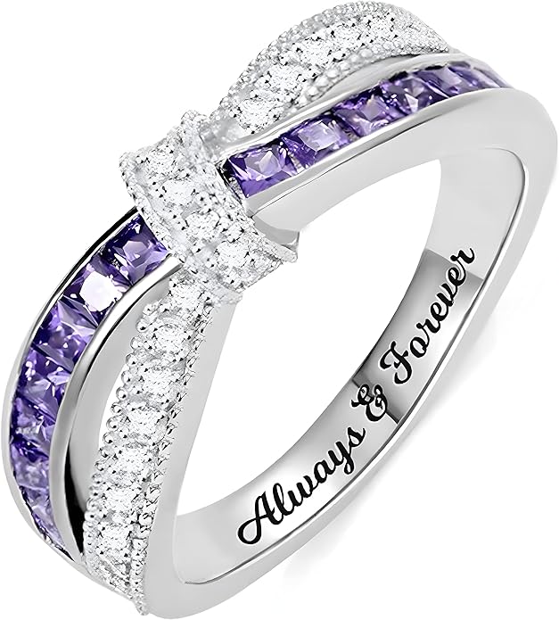 Silver Rings Personalized Engraved Cross-Finger Birthstone Ring Sterling Silver 925 Promise Ring for Her Wedding Band Ring Engagement Ring