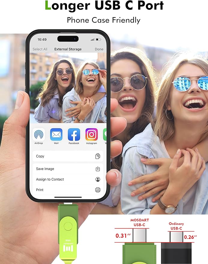 MOSDART 64GB USB3.1 Fast Speed C and A Dual Flash Drive, exFAT Memory Stick with Keychain and LED Indicator, for iPhone 15 and 16, Android Phone, iPad, MacBook, and Other Laptops, Green