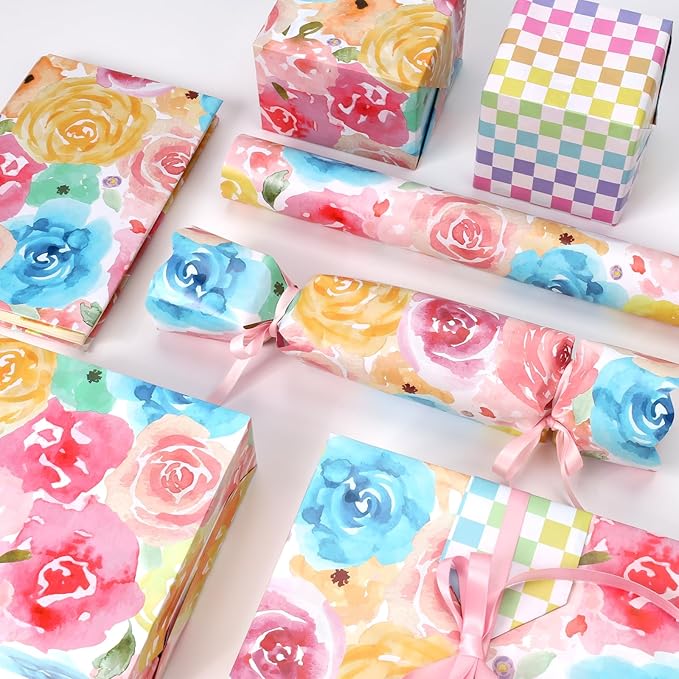 LaRibbons Reversible Floral Wrapping Paper Roll, 17 Inch x 33 Feet (46.7 Sq. Ft) Double-Sided Colorful Watercolor Rose and Colorful Checkered Design for Wedding, Mother’s Day, Bridal Shower, Easter