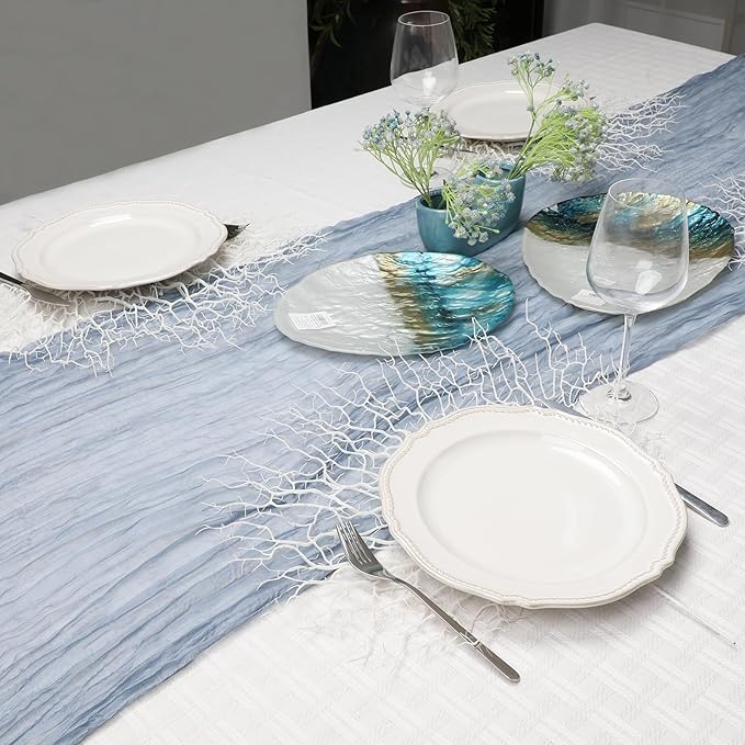 Le courant 10Ft Cheesecloth Table Runner, Rustic Boho Gauze Cheese Cloth Runner Table Runner for Weddings Bridal Baby Shower Birthday Holiday Parties Home Decor, Dusty Blue