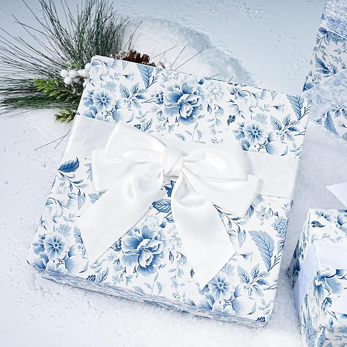 BIOBROWN Floral Wrapping Paper Roll - 17 Inches X 33 Feet (47 sq. ft. ttl.) Blue White Peony Design Chinoiserie Flower Gift Wrap Stone Paper for Wedding, Bridal Shower Favors, Mother's Day