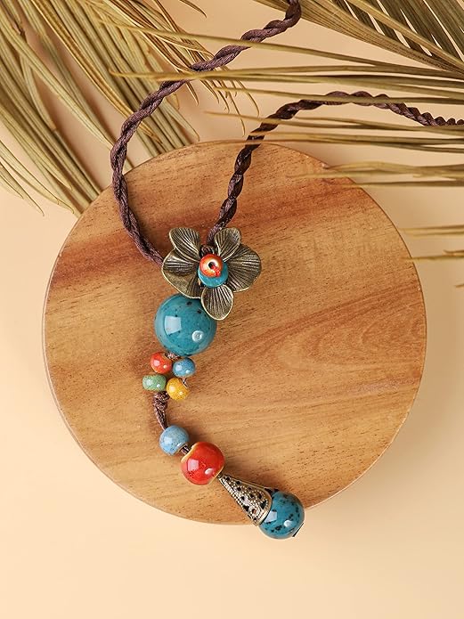 MINACHI Vintage Bohemian Colorful Ceramic Bead Antique Flower Y Necklace, Vintage Boho Hippie Statement Jewelry Gift for Women