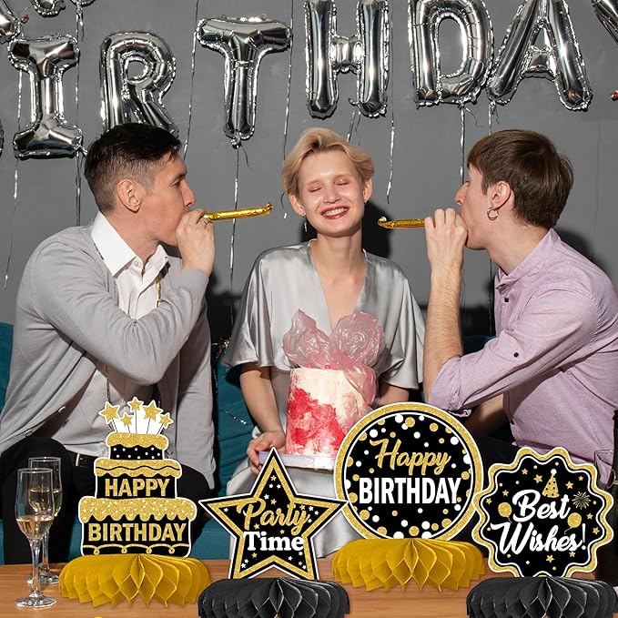 12 Pcs Birthday Table Decorations Glitter Black and Gold Birthday Decorations Honeycomb Centerpieces for Table Decor Girls Boys Women Men Party Supplies