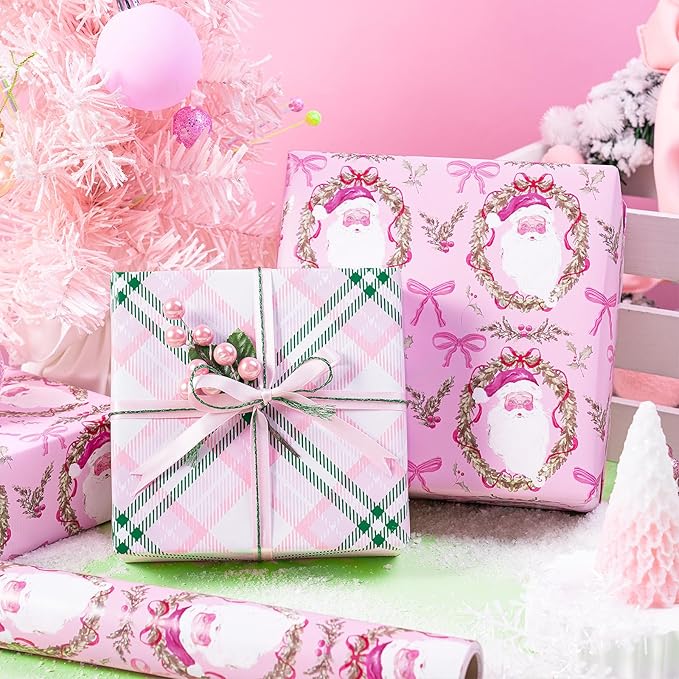 RUSPEPA Reversible Christmas Wrapping Paper Roll, Mini Roll, Pink Santa Claus, Floral Wreath, Bow Design, Green Pink Plaid Gift Wrap for Girls, Kids, Family, Holiday Gifts, 17 Inches x 32.8 Feet