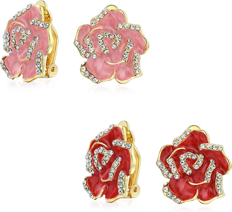 Pink Red Enamel Flower Crystal Edge Spring Retro Floral Rose Clip On Earrings For Women Non Pierced Ears 14K Gold Plated