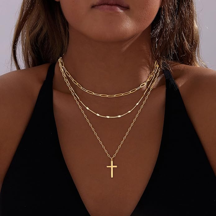 Layered Gold Necklaces for Women, Stackable Dainty 14K Gold Silver Plated Trendy Simple Heart Diamond Cross Bow Circle Pendant Paperclip Choker Dot Chain Necklace,Jewelry Set Gifts for Women