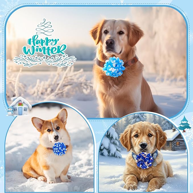 Lyrow 100 Pcs Winter Dog Collar Flowers Bulk Dog Charms Grooming Accessories Blue Bow Tie Flower for Puppy Cat Pets Collar Attachment Embellishment Winter Party Costume