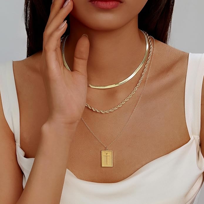 Evabelle Gold Layered Necklace for Women Trendy Jewelry 14K Real Gold Plated Chunky Chain Stackable Necklaces Dainty Choker Necklaces Rectangle Square Pendant