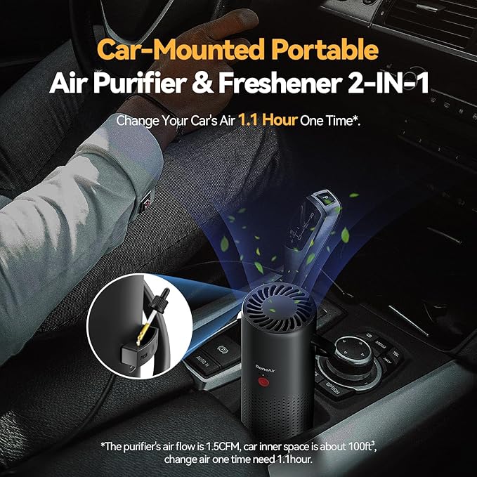 Cordless Portable Air Purifier for Car, Small Room, Office with True HEPA Filter, Travel Air Purifier for Smoke, 0dor & Dust with USB C, Aroma Chamber (Grey)