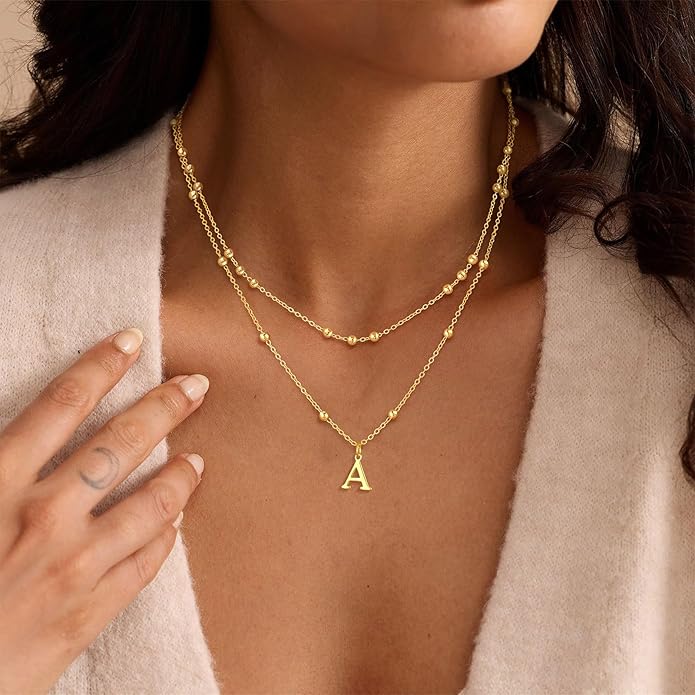 Initial Necklaces for Women, Dainty 14K Gold Plated Layered A-Z Letter Pendant Necklace Trendy Cute Choker Name Charm Necklace Stack Personalized Jewelry Gift for Her Birthday Christmas Gift