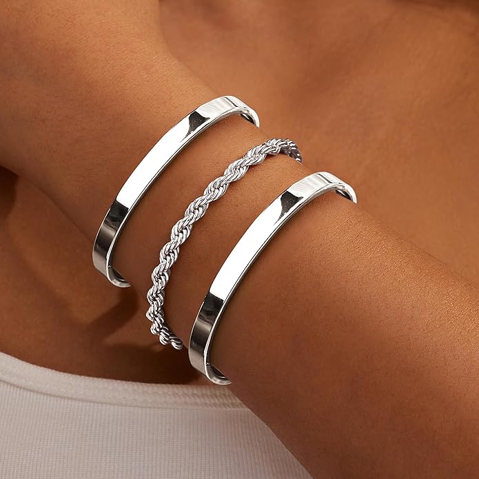 Gold Bracelets Set for Women Non Tarnish, 14K Gold Plated Sterling Silver Chunky Cuff Bracelet Stackable Gold Bangles Bracelet for Women Trendy Fashion Accessories Tie Knot Cuban Rope Paperclip Beaded Bracelet Stack Jewelry Valentines Day Gifts