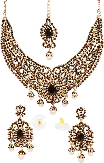 Touchstone Indian jewelry sets for women tikka wedding necklace costume guest statement bollywood rhinestones crystal faux pearls gold big royal neck piece set bridal fashion accessories