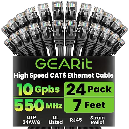 GEARit Cat 6 Ethernet Cable Pack - 24-Pack 7 ft Cat6 Ethernet Patch Cables | RJ45 Network Patch Cable, 10 Gbps Snagless Gold-Plated Connectors - Ethernet Cable Cat 6 for PC, TV, Router - Black