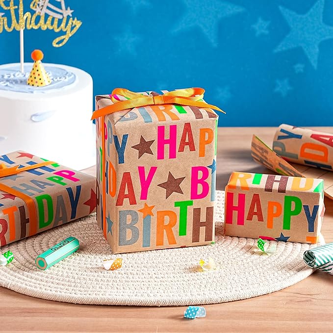 WRAPAHOLIC 30 Inch Jumbo Kfaft Birthday Wrapping Paper Roll - 30 Inch x 33 Feet - Colorful Happy Birthday Wrapping Paper for Girls Boys Kids, Baby Shower, Party