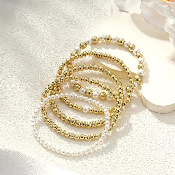 Gold Bead Bracelets for Women Girls - 14K Gold Plated Dainty Round Bead Ball Pearl Cross Bracelet Stack for Women Teenage Girls Stackable Jewelry Christmas Gifts