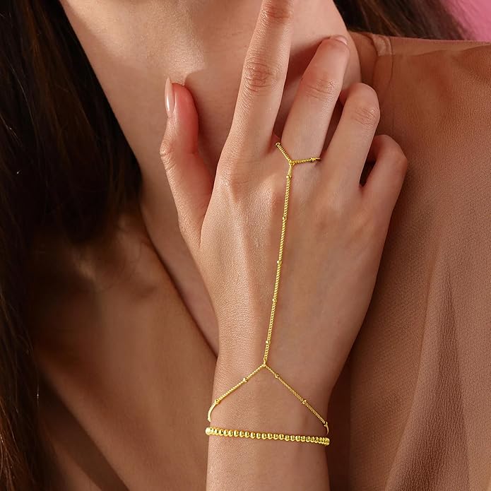 Yoosteel Hand Chain Bracelet for Women - Valentines Gifts Dainty 14K-Gold-Plated Finger Ring Hand Chains Layered Trendy Link Bracelets Jewelry Gift for Women