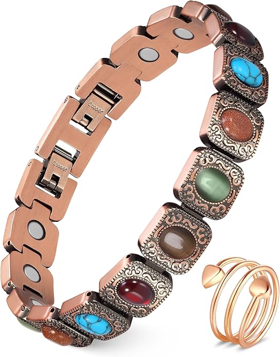 Feraco Pure Copper Bracelets & Rings for Women, Ultra Strength Magnetic Bracelet with 3800 Gauss Magnets & Natural Turquoise & Stones, Adjustable, Jewelry Gift