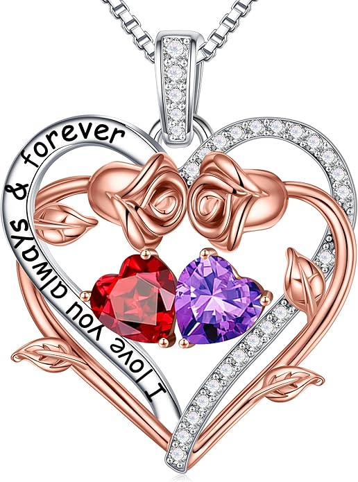 Iefil Valentines Gifts for Her Wife Women - Rose Heart Double Birthstone Necklace Gift for Wife Girlfriend Her Women, Birthstone Jewelry Gemstone Birthday Gifts for Mom Grandma Her